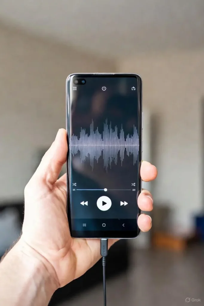 a man testing speaker sound holding phone in hand
